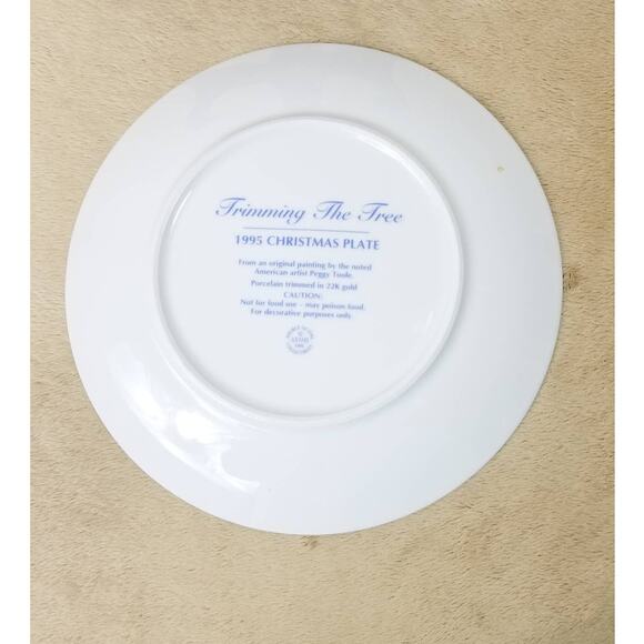 Christmas Plate 1995 Trimming The Tree Peggy Toole Porcelain Trim 22k Gold Vtg - Picture 8 of 12